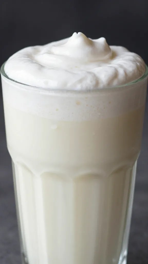 **Closeup of thick cottage cheese smoothie in glass with drips**