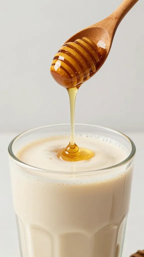 **Single wooden spoon drizzling honey into smoothie**