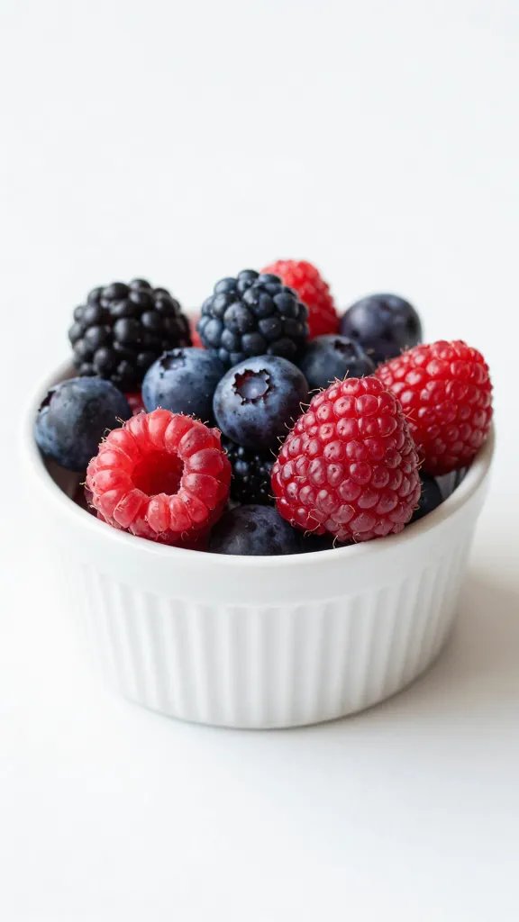 **Fresh mixed berries in white ceramic bowl**