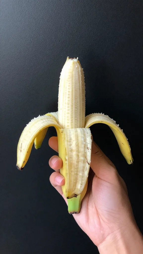 **Hand holding ripe banana against dark textured backdrop**