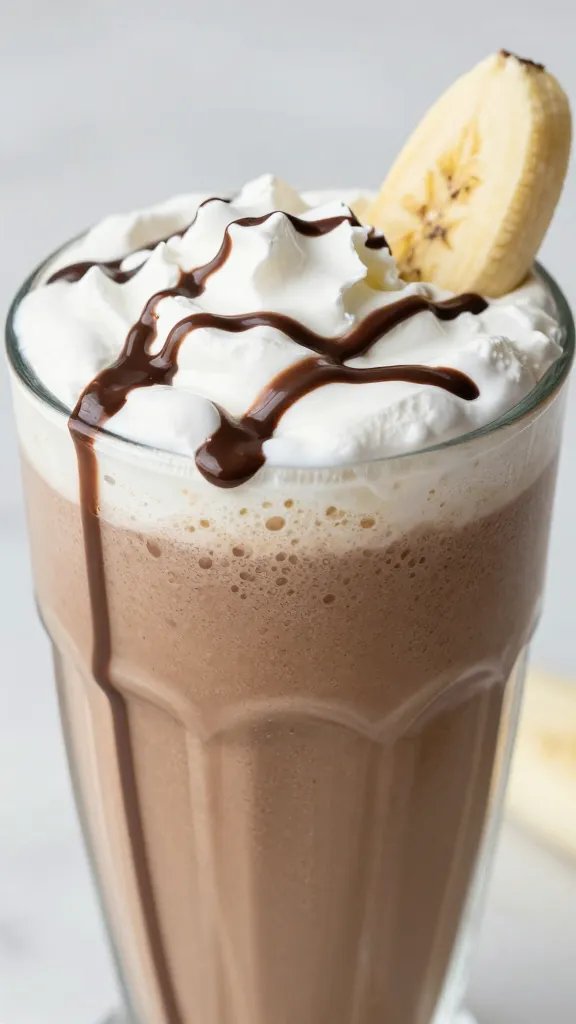 **Closeup of chocolate banana smoothie in glass with drizzle**