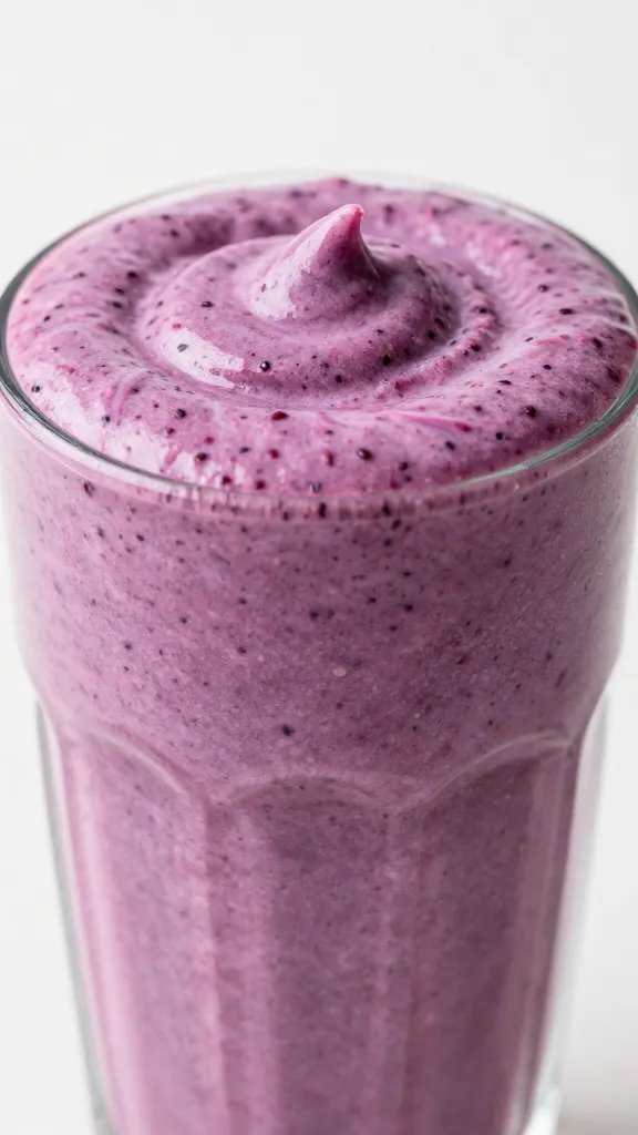 **Closeup of a thick mixed berry smoothie in a glass, overflowing with vibrant purple-pink swirls and visible berry seeds.**