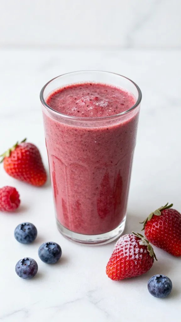 **Fresh frozen berries (strawberries, blueberries, raspberries) scattered on a white marble counter, lightly dusted with frost.**  

Each prompt focuses on a single, photogenic subject with clear visual appeal, aligned with the article's theme of a thick, vibrant smoothie.