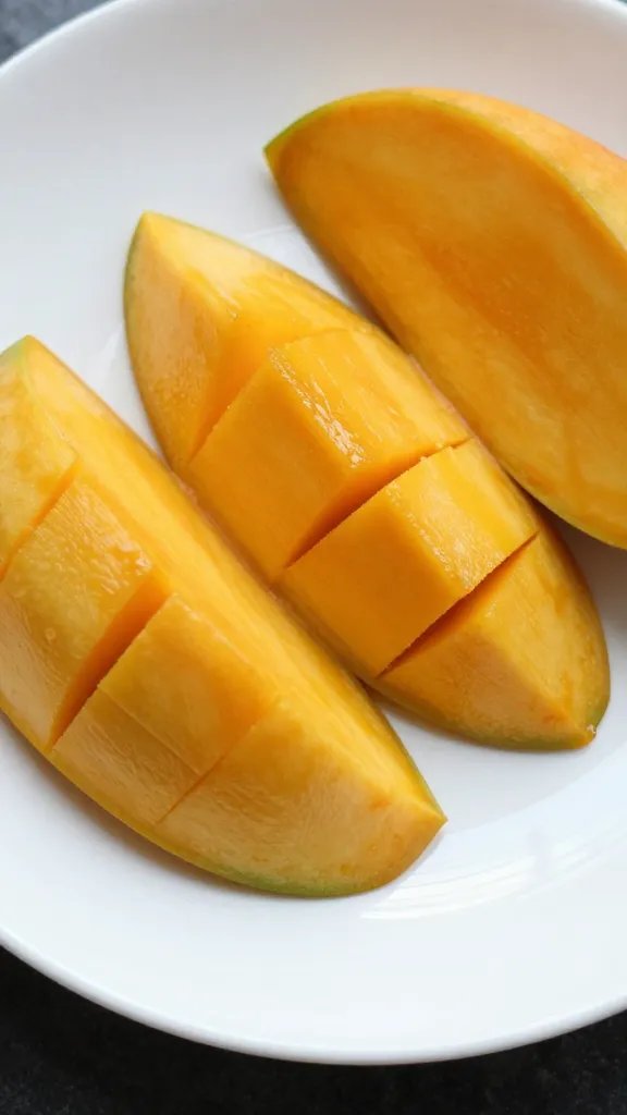 **Closeup of ripe mango slices on a white plate**