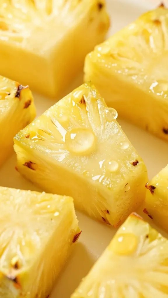 **Juicy pineapple chunks with glossy droplets**