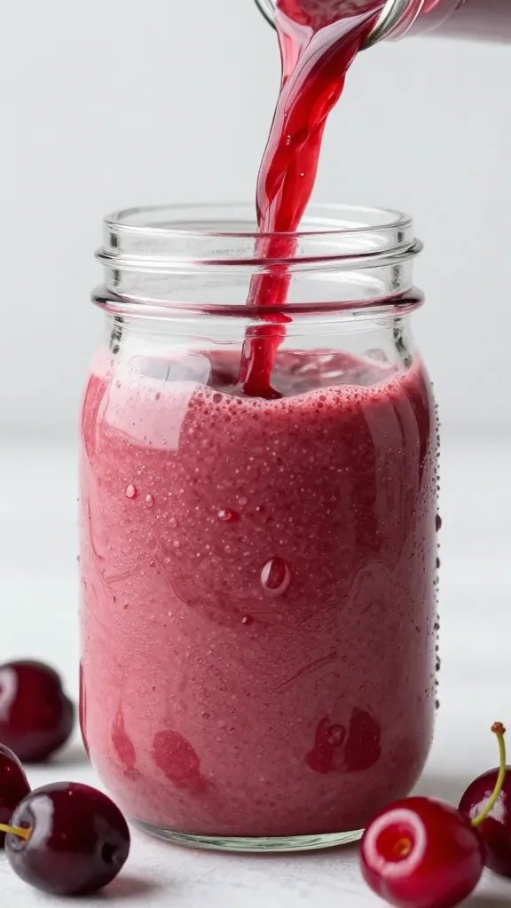 **Velvety cherry smoothie poured into a clear mason jar**
