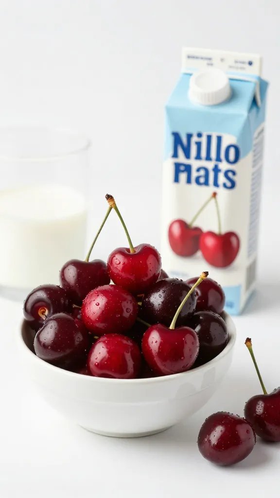 **Single bowl of fresh cherries beside almond milk carton**