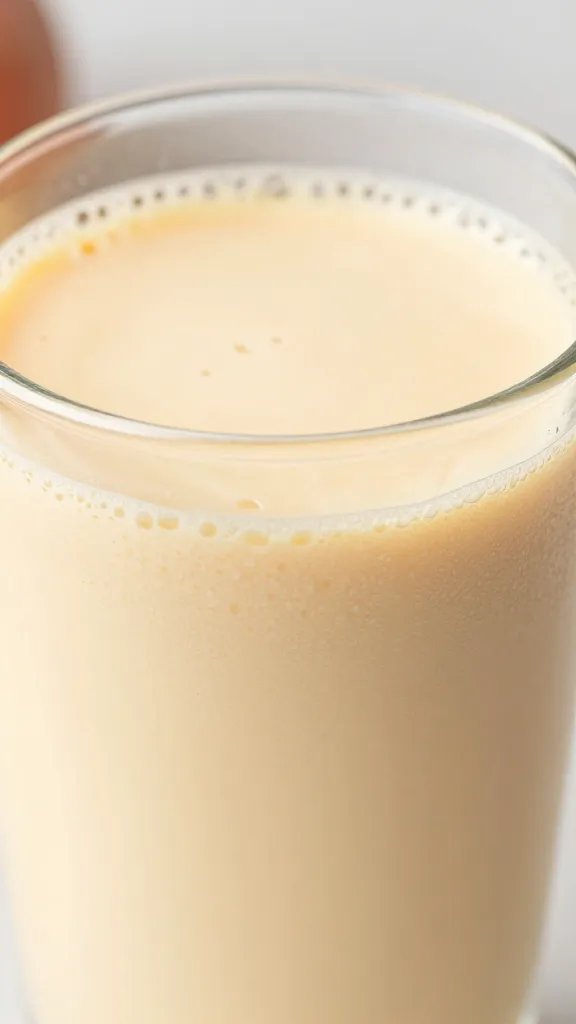 **Closeup of creamy peach smoothie in glass with condensation**