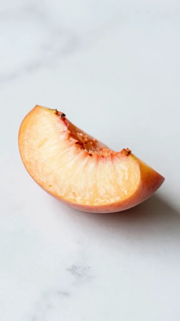 **Single frozen peach slice on marble countertop**