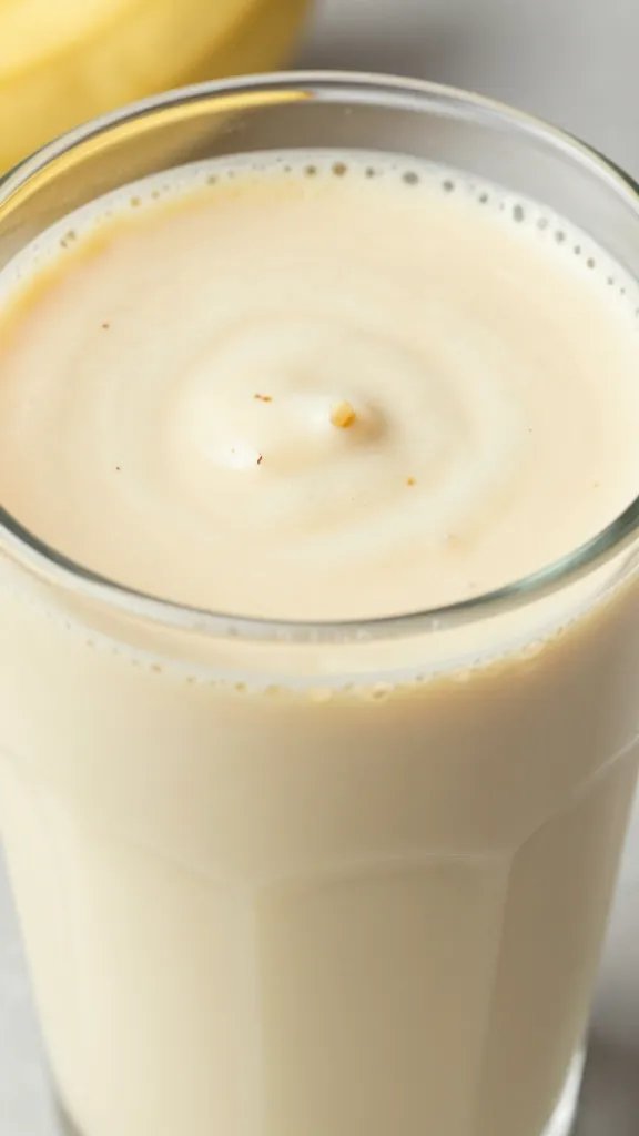 **Closeup of creamy banana peanut butter smoothie in glass**