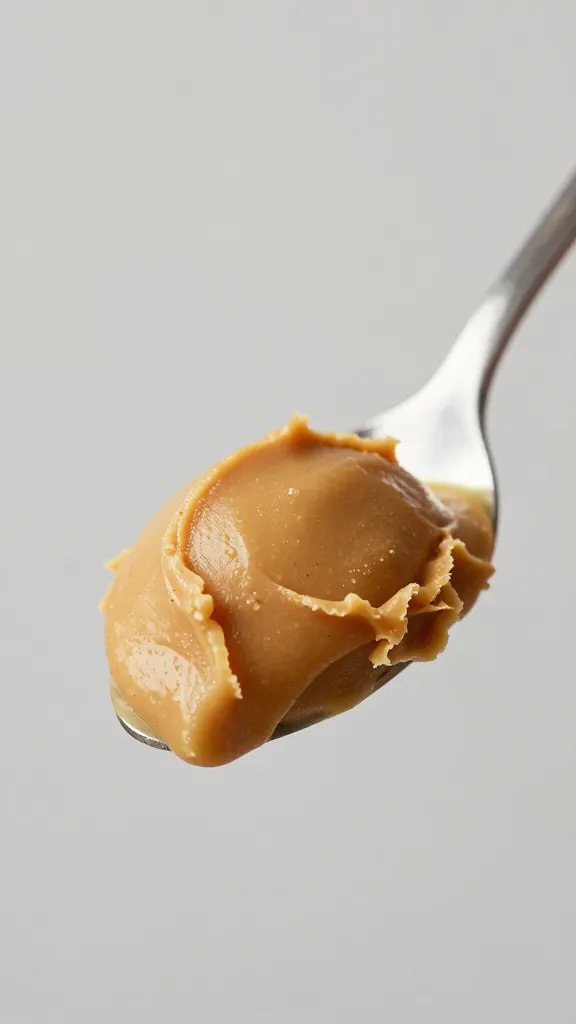 **Single scoop of natural peanut butter on spoon**