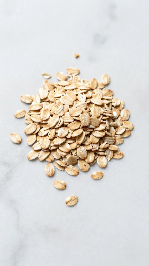 **Handful of rolled oats spilled on marble countertop**