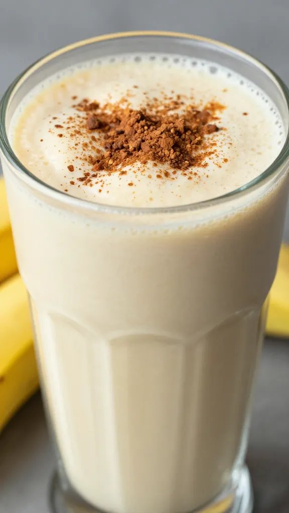 **Closeup of thick banana smoothie in glass with cinnamon sprinkle**