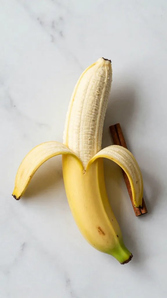 **Single ripe banana with cinnamon stick on marble counter**