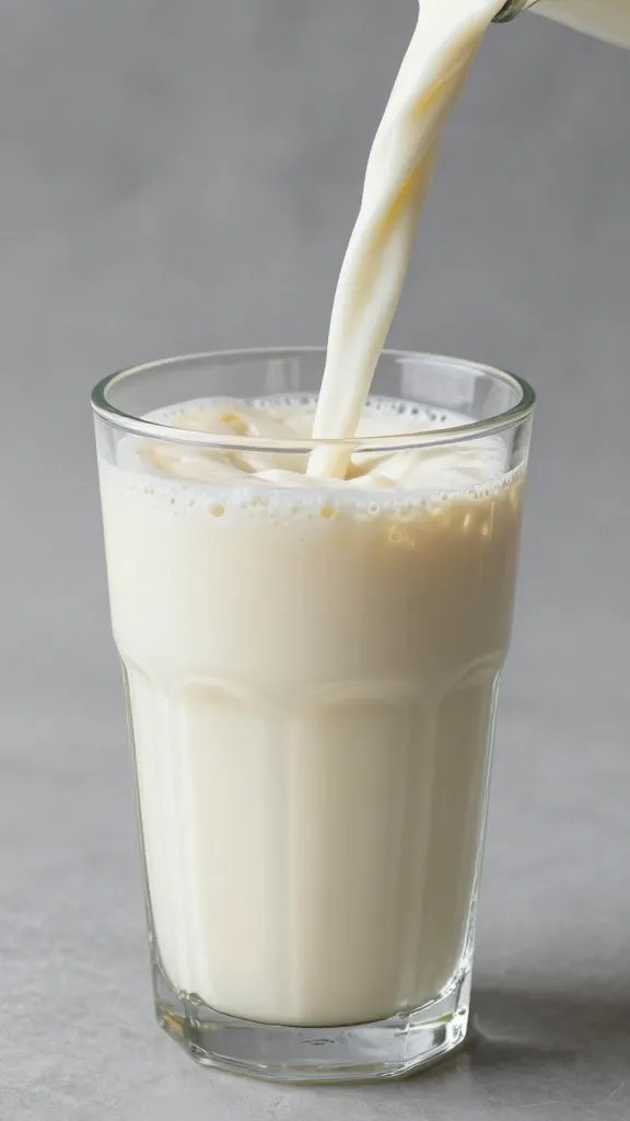 **Creamy smoothie pour into clear glass with milk swirl**