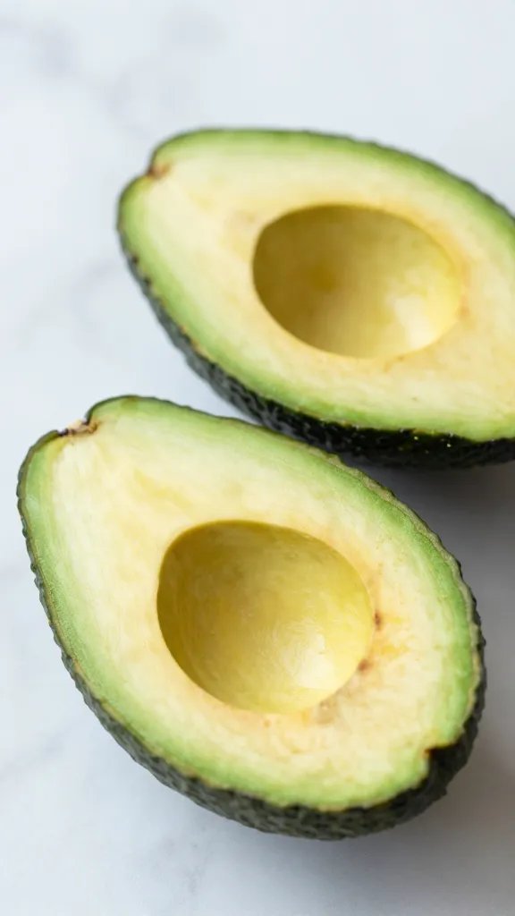 **Closeup of ripe avocado halves on marble surface**