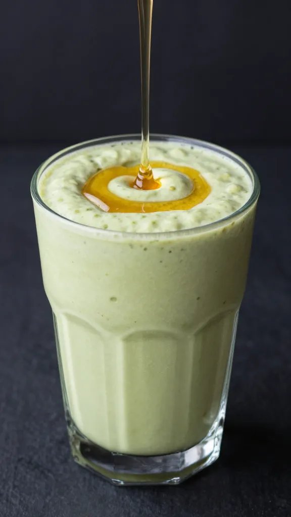 **Single glass of creamy avocado smoothie with honey drizzle**