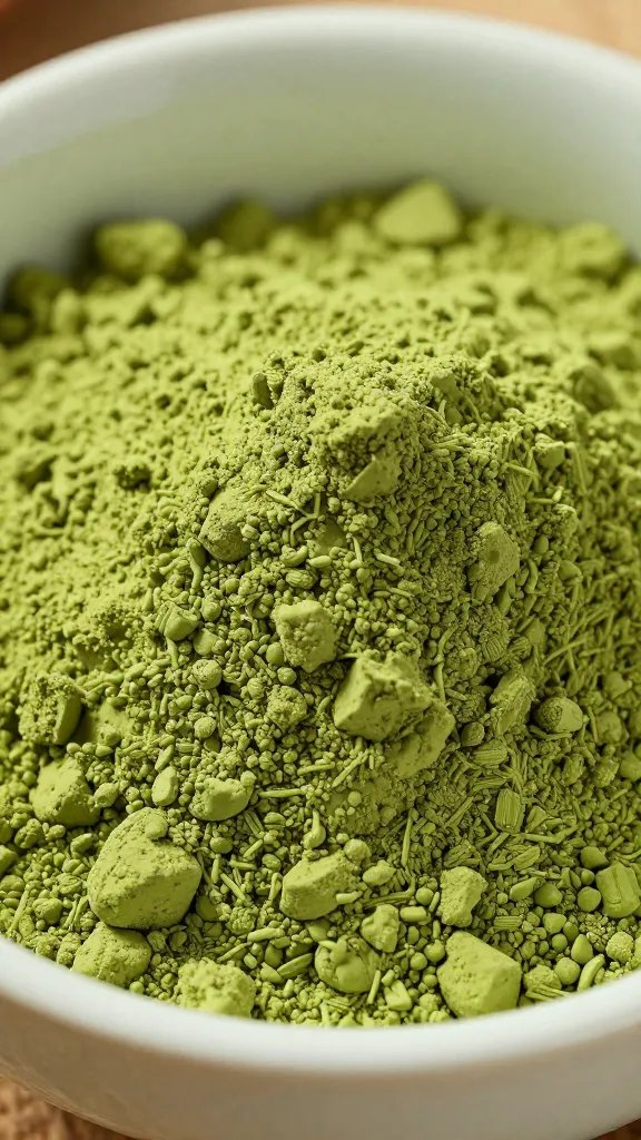 **Closeup of vibrant matcha powder in a ceramic bowl**