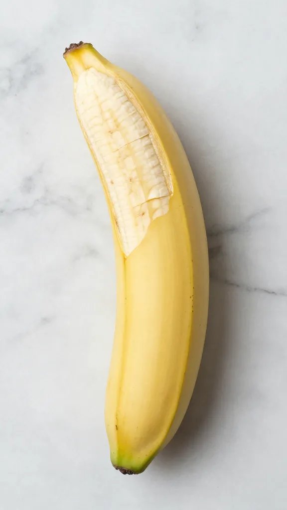 **Single ripe banana sliced on a marble countertop**