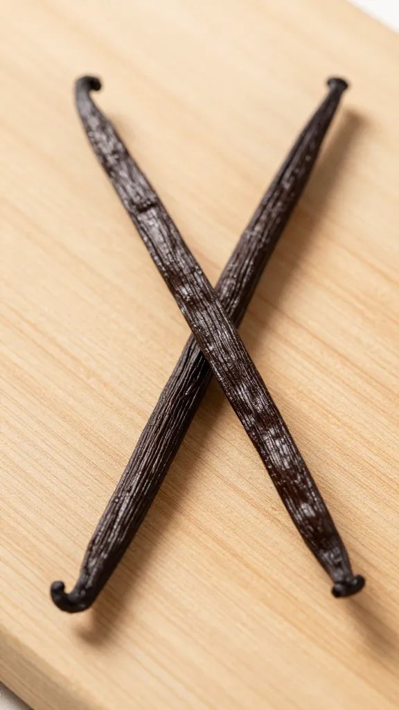 **Vanilla bean pod split open on a wooden cutting board**