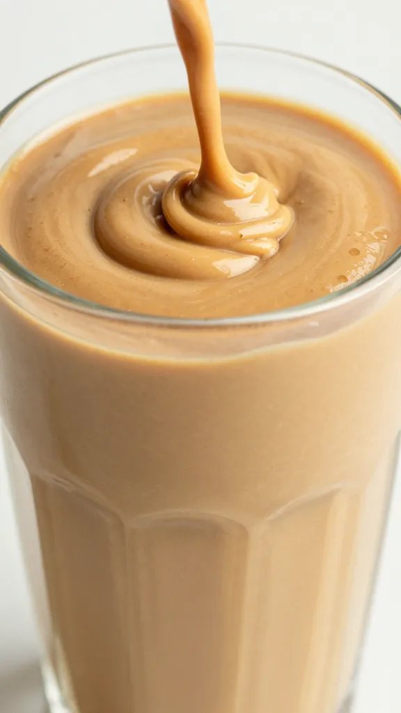 **Closeup of thick peanut butter smoothie in glass with drizzle**