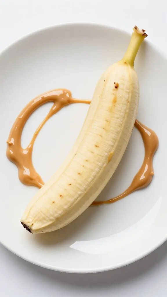 **Single ripe banana with peanut butter swirl on plate**