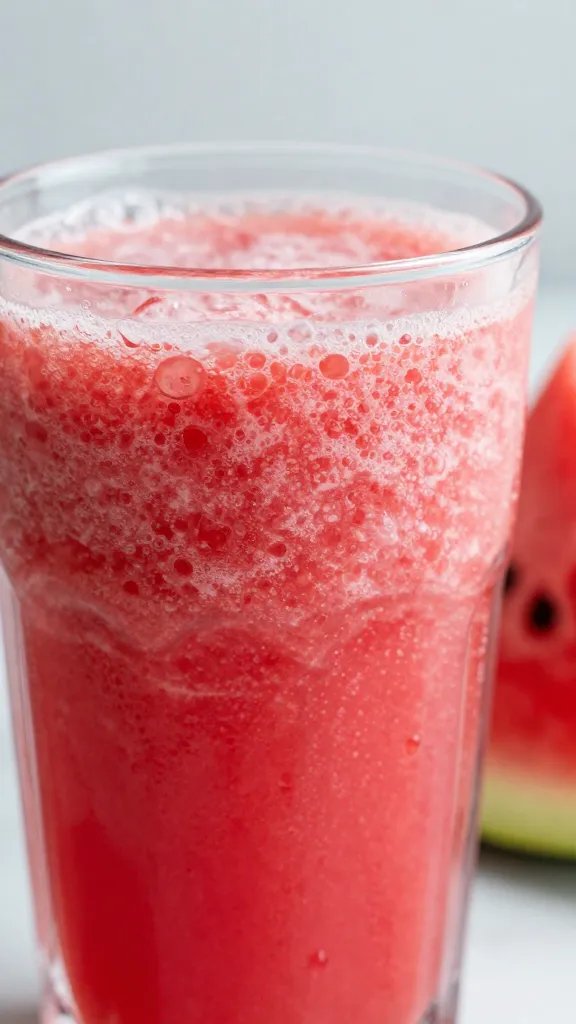 **Closeup of icy watermelon smoothie in glass with condensation**
