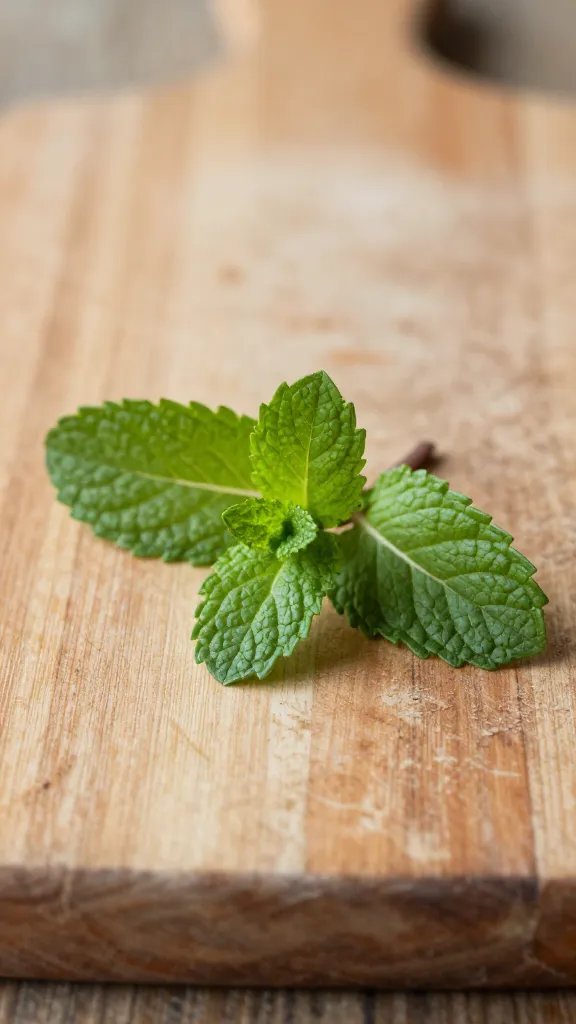 **Fresh mint sprig on rustic wooden cutting board**
