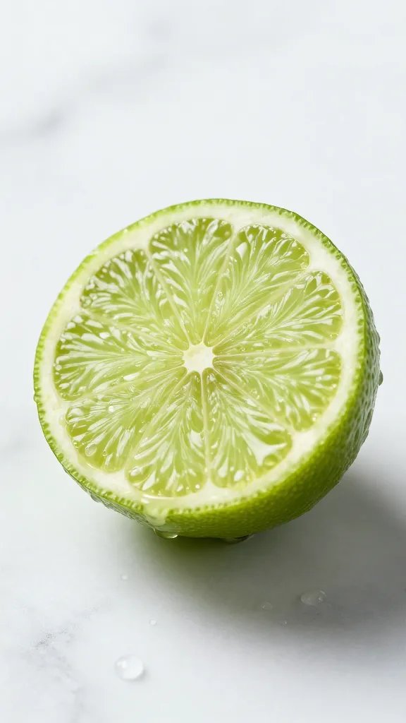 **Halved lime with juice droplets on marble surface**