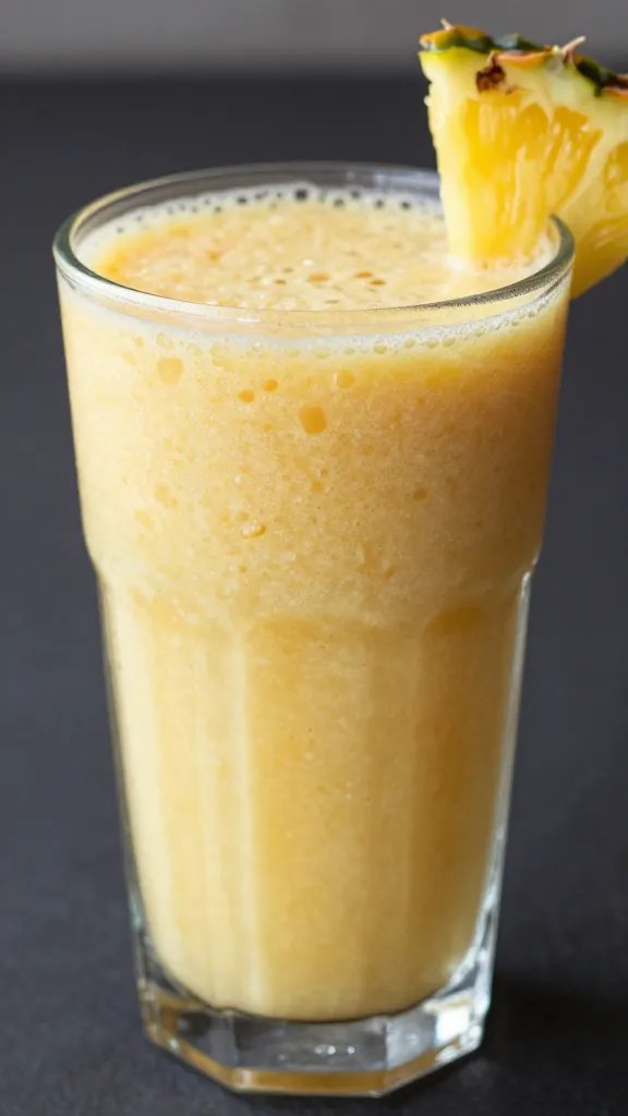 **Closeup of pineapple-orange-ginger smoothie in glass**