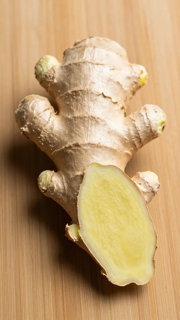 **Single ginger root sliced open on cutting board**