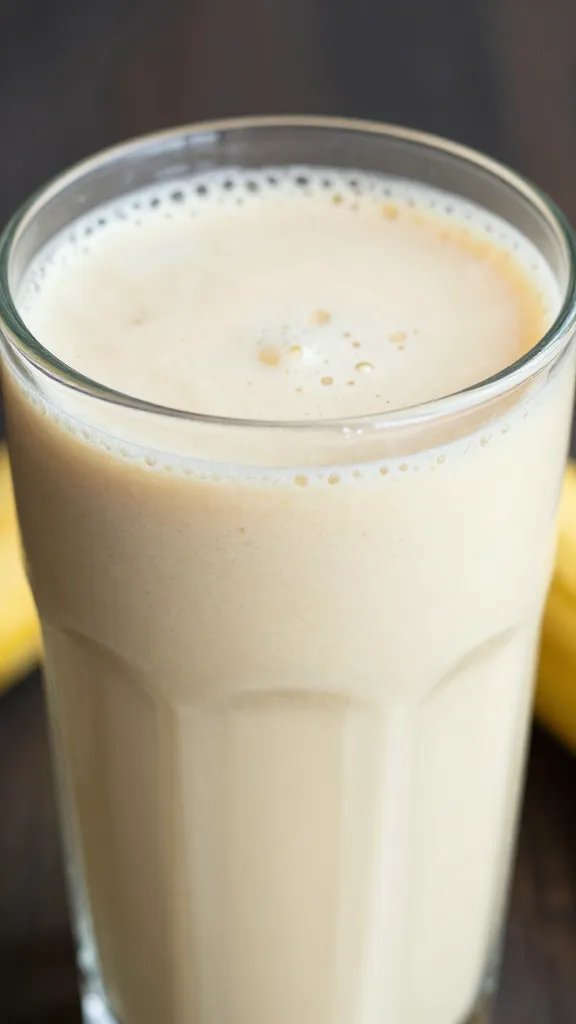 **Closeup of creamy banana smoothie in clear glass**