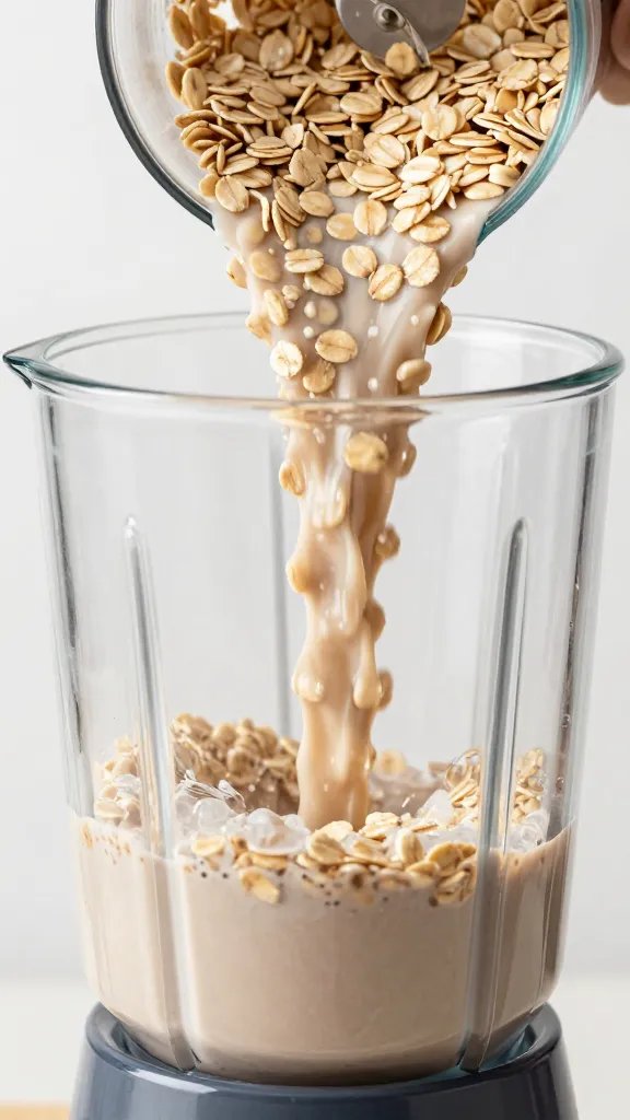 **Oats poured into a smoothie blender, mid-action**