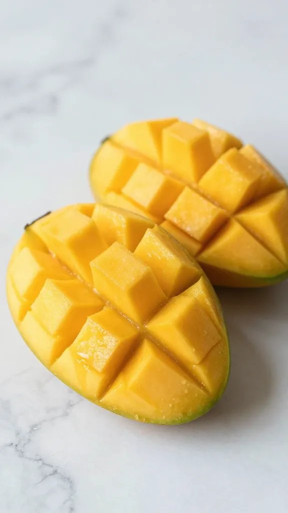 **Closeup of ripe mango slices on marble countertop**