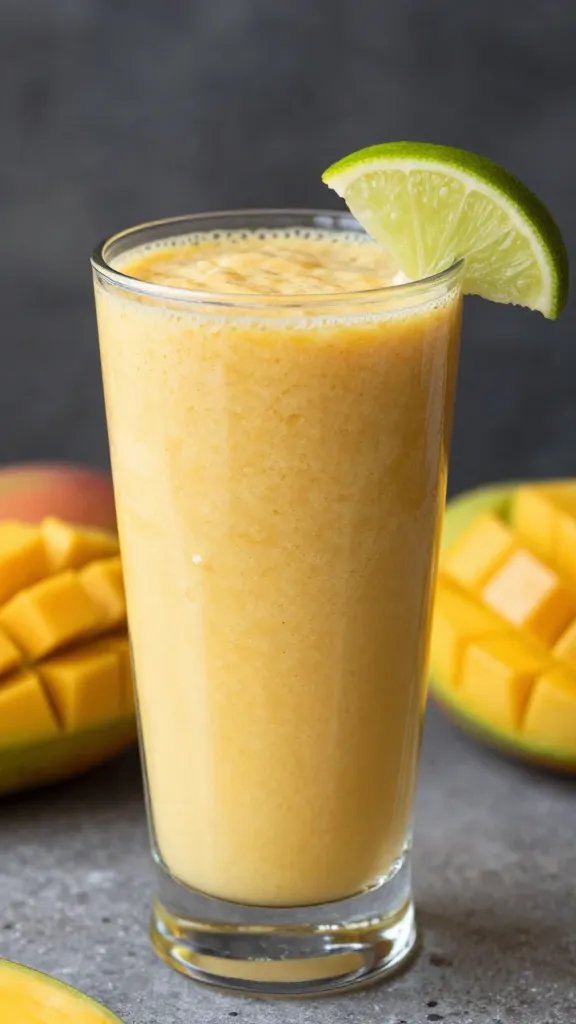 **Silky mango smoothie in clear glass with lime wedge**