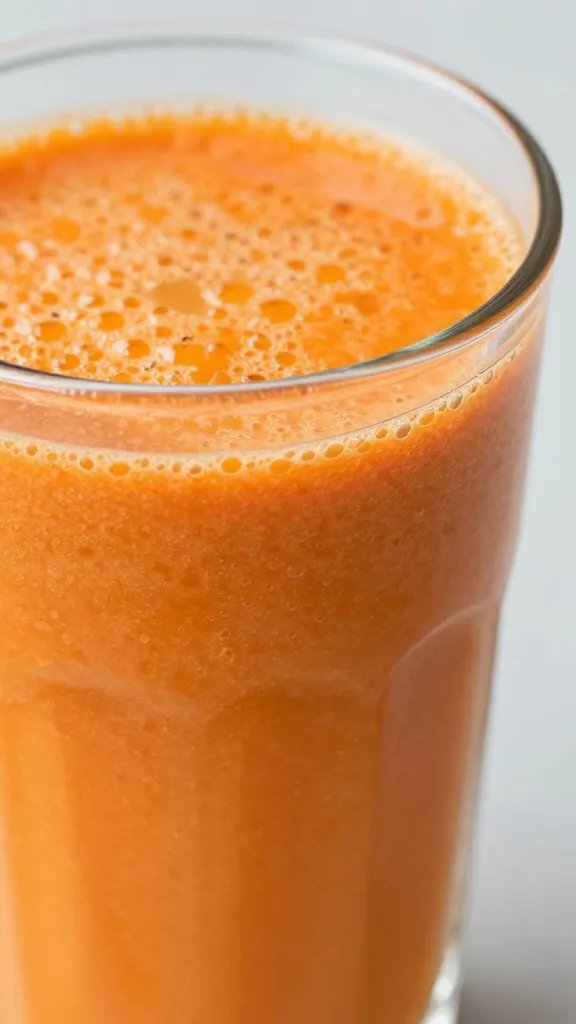 **Closeup of vibrant carrot-orange-ginger smoothie in glass**