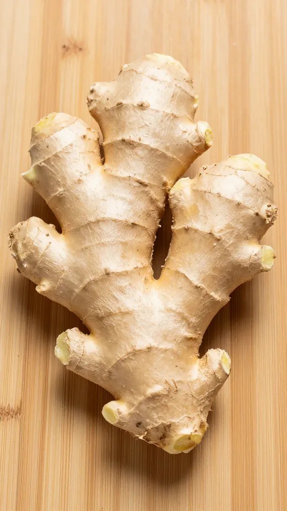 **Raw ginger root with textured skin on cutting board**