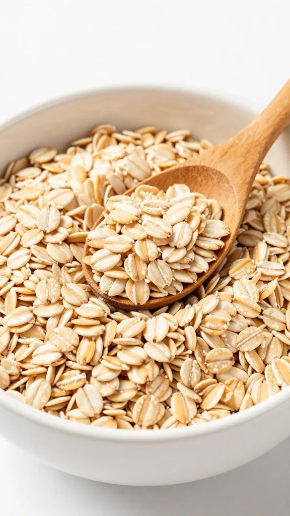 **Steel-cut oats in white bowl with wooden spoon**