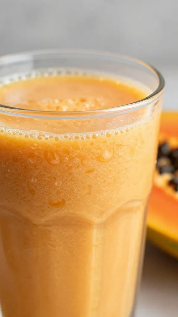 **Closeup of papaya smoothie in glass with condensation**