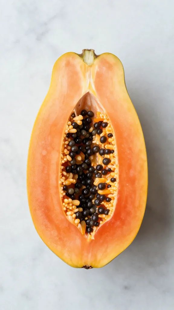 **Single ripe papaya halved on marble surface**