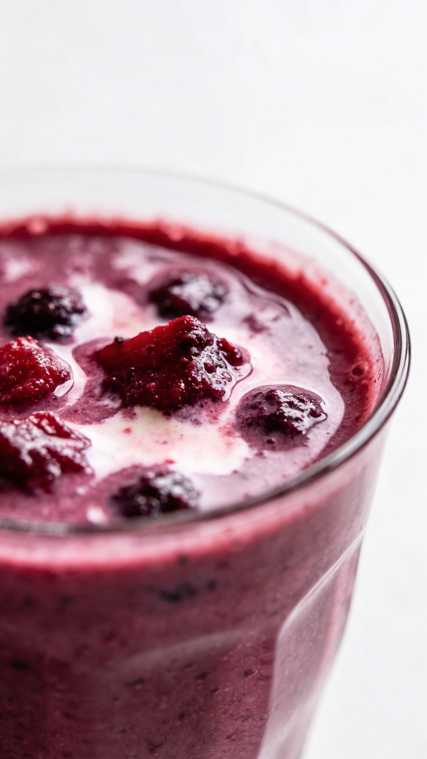Closeup berry smoothie, thick texture, minimal white backdrop