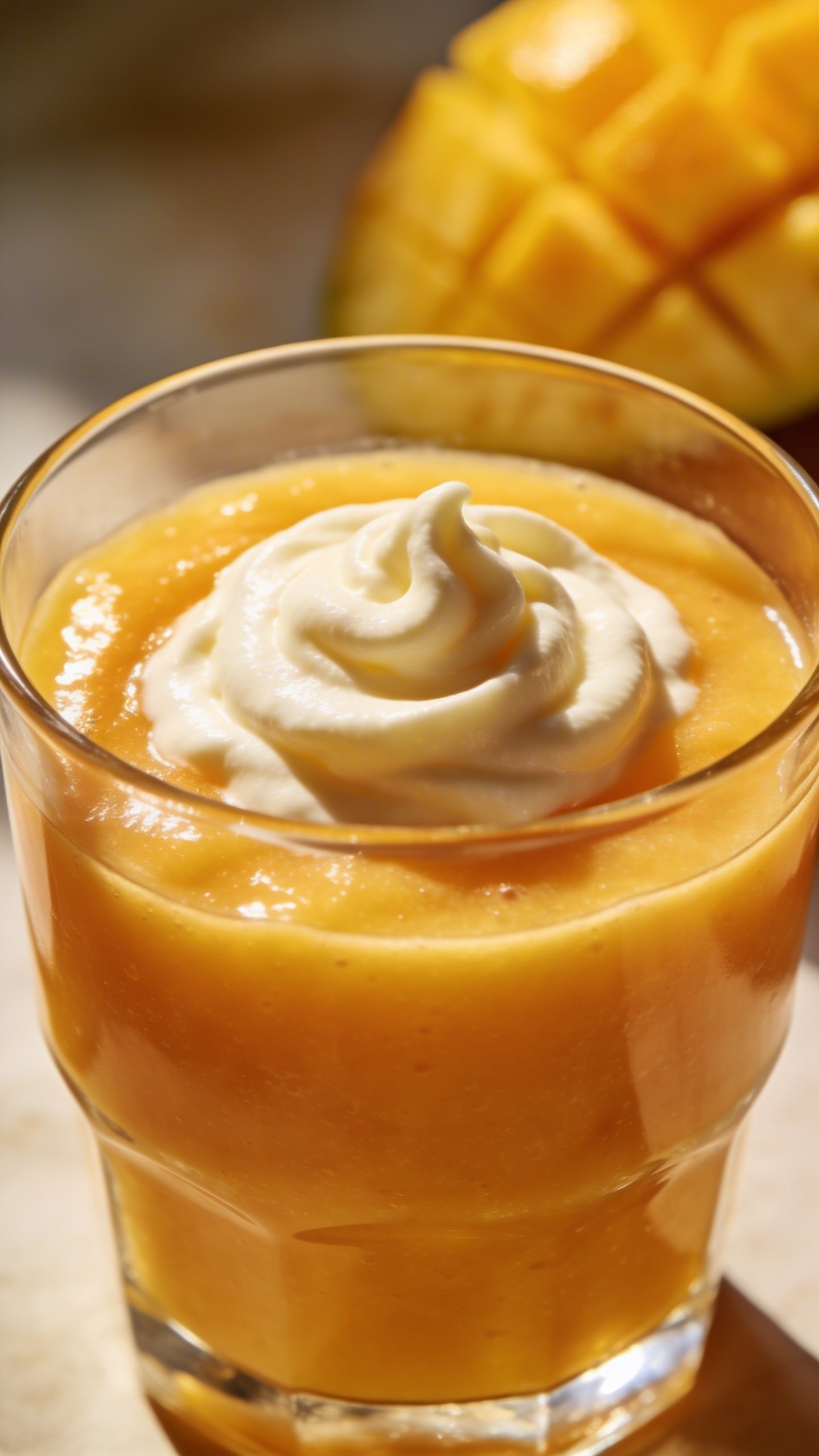 Mango-pineapple smoothie in clear glass, creamy swirl, natural light