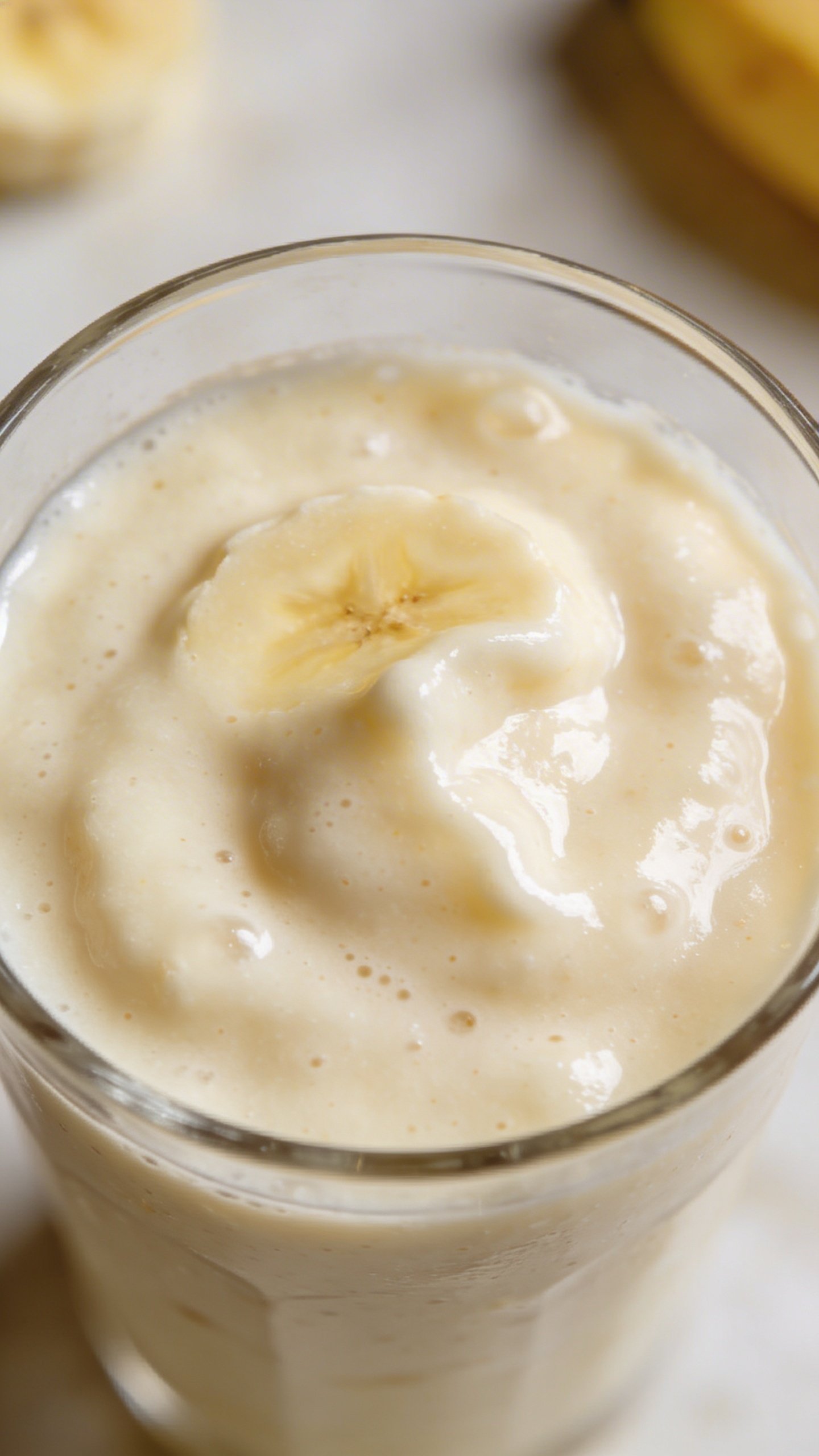 Overhead shot: creamy frozen banana smoothie in clear tumbler, realistic texture