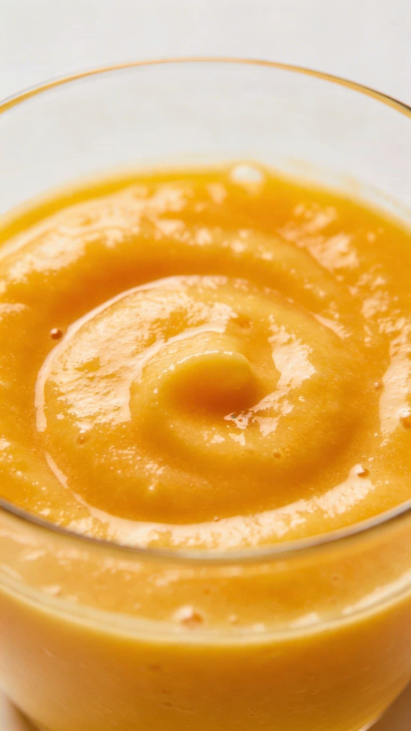 Closeup creamy mango-pineapple glow smoothie in clear glass, minimal backdrop