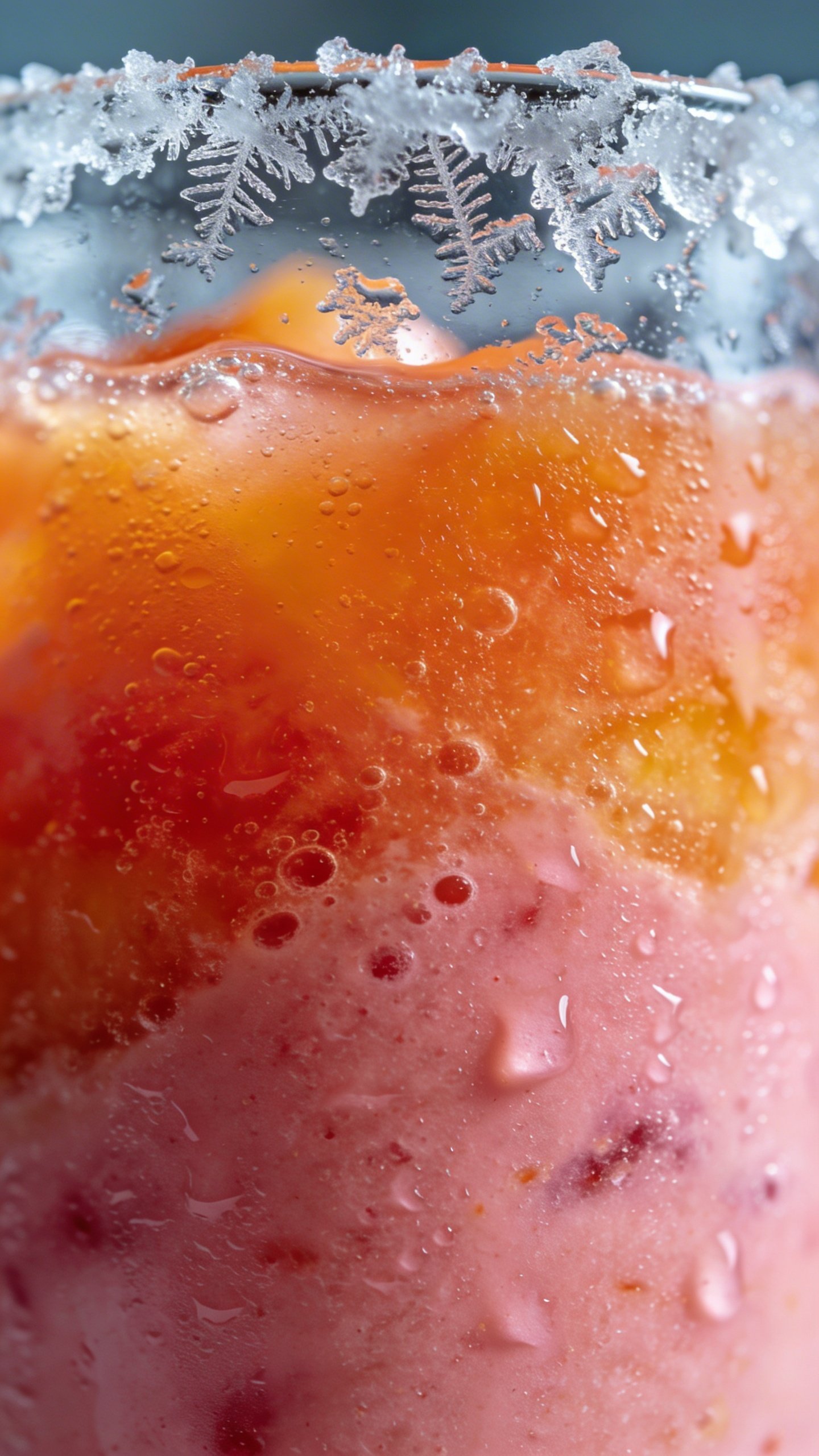 Macro of frosty glass rim with bright tropical smoothie, natural light