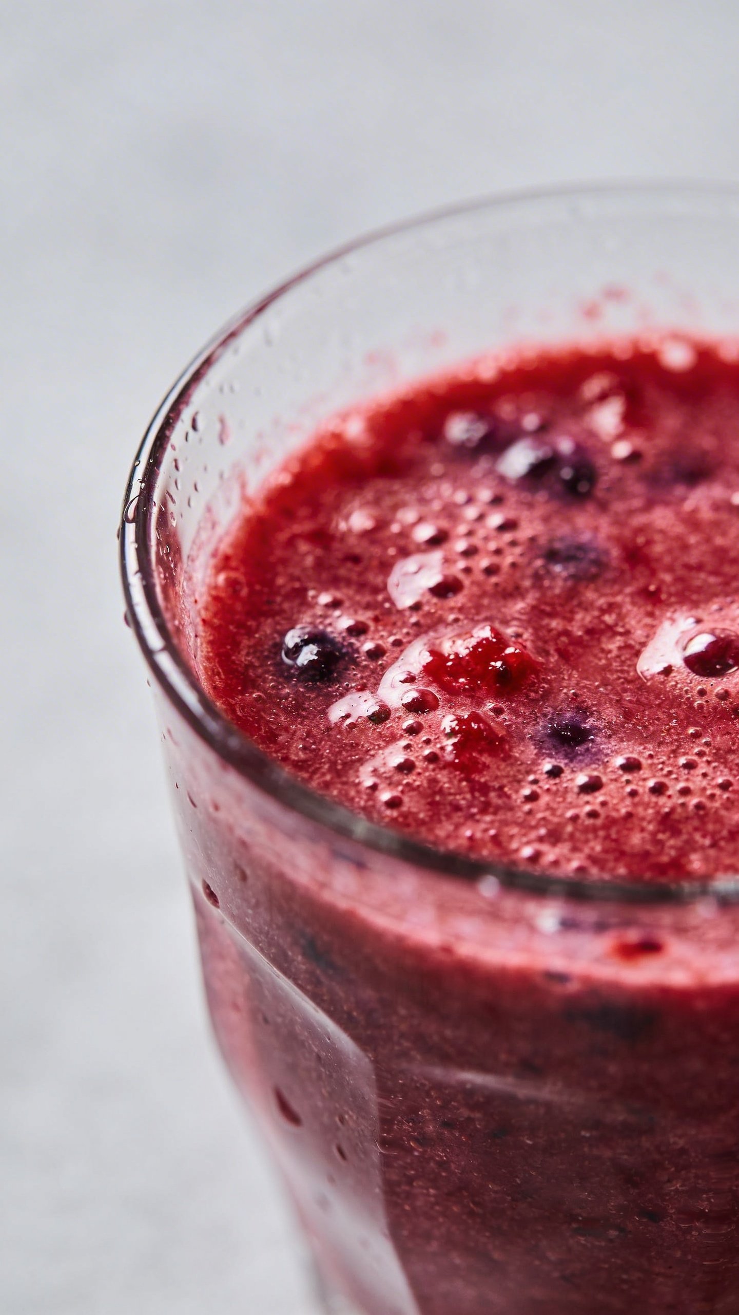 Closeup berry antioxidant smoothie in clear glass, minimal background