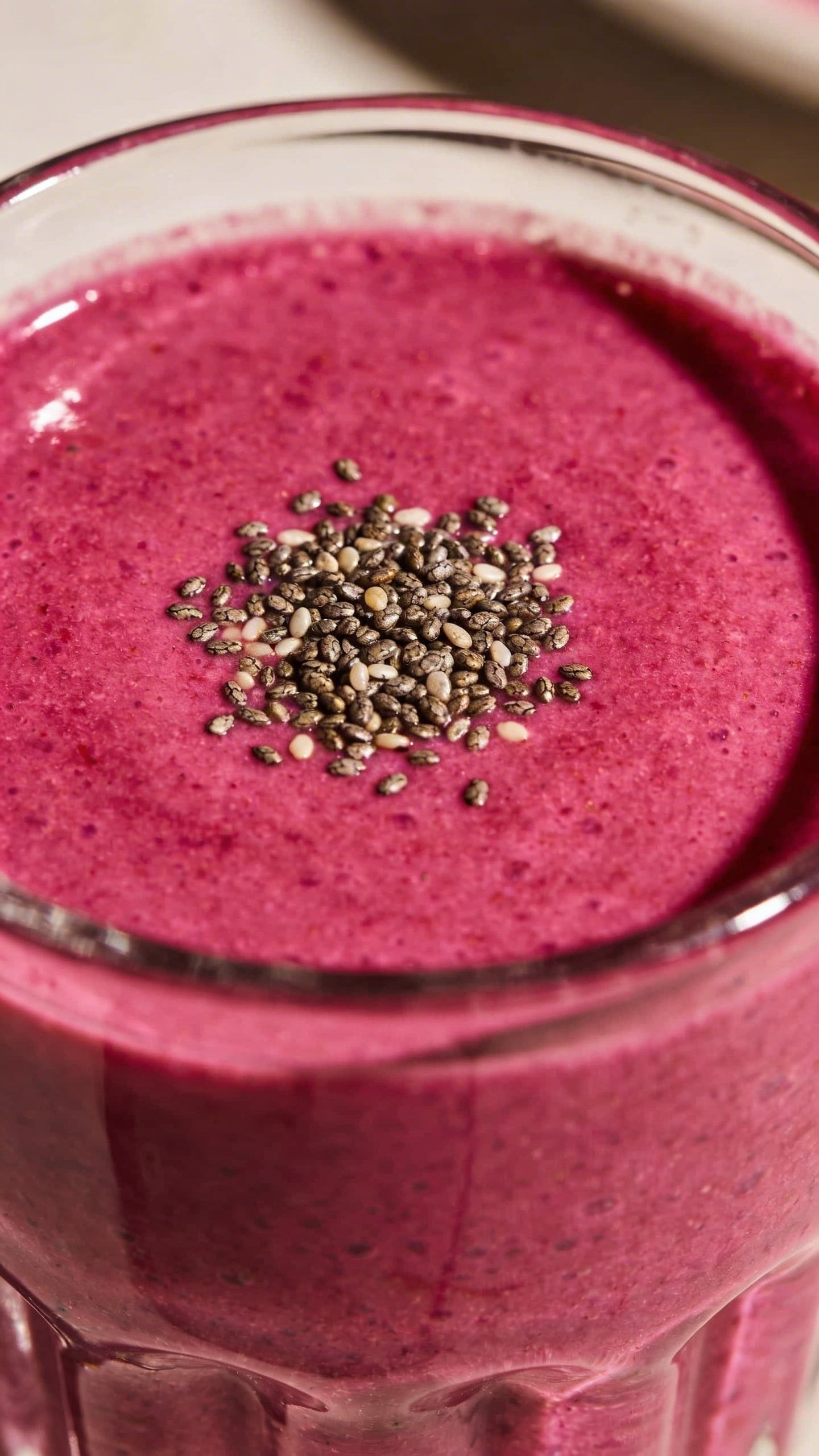 Overhead vibrant magenta smoothie with chia sprinkle, clean surface