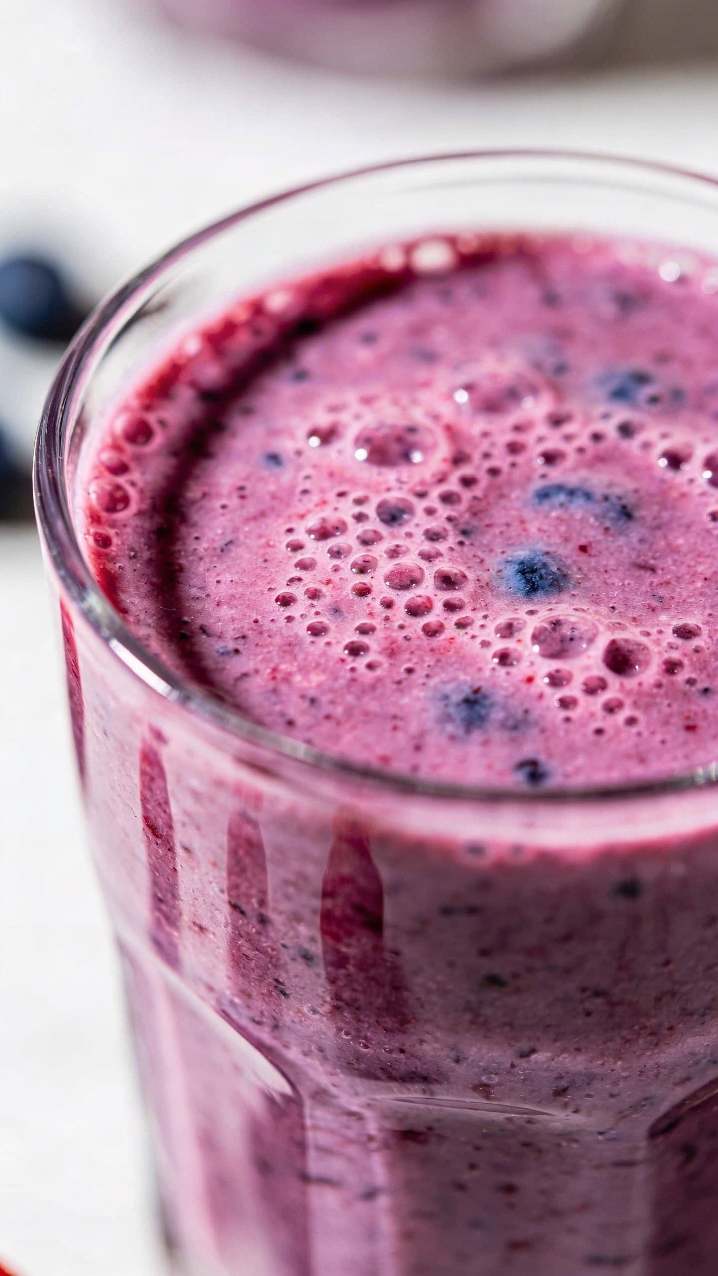 Side-profile blueberry raspberry smoothie, realistic texture, no garnish