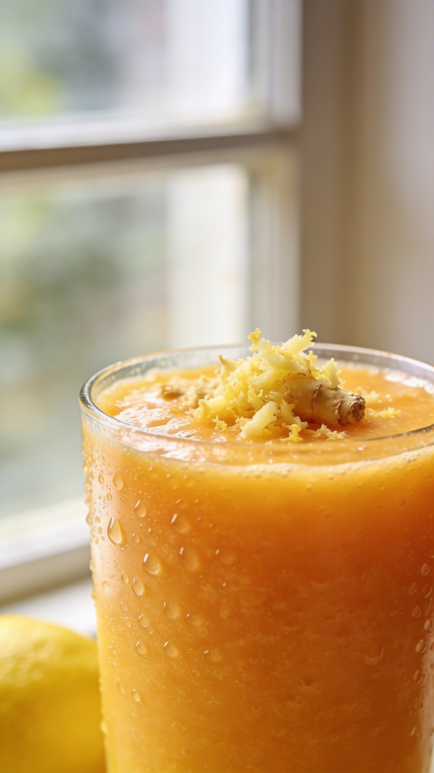 Bright orange-lemon smoothie with fresh grated ginger, glass sweating