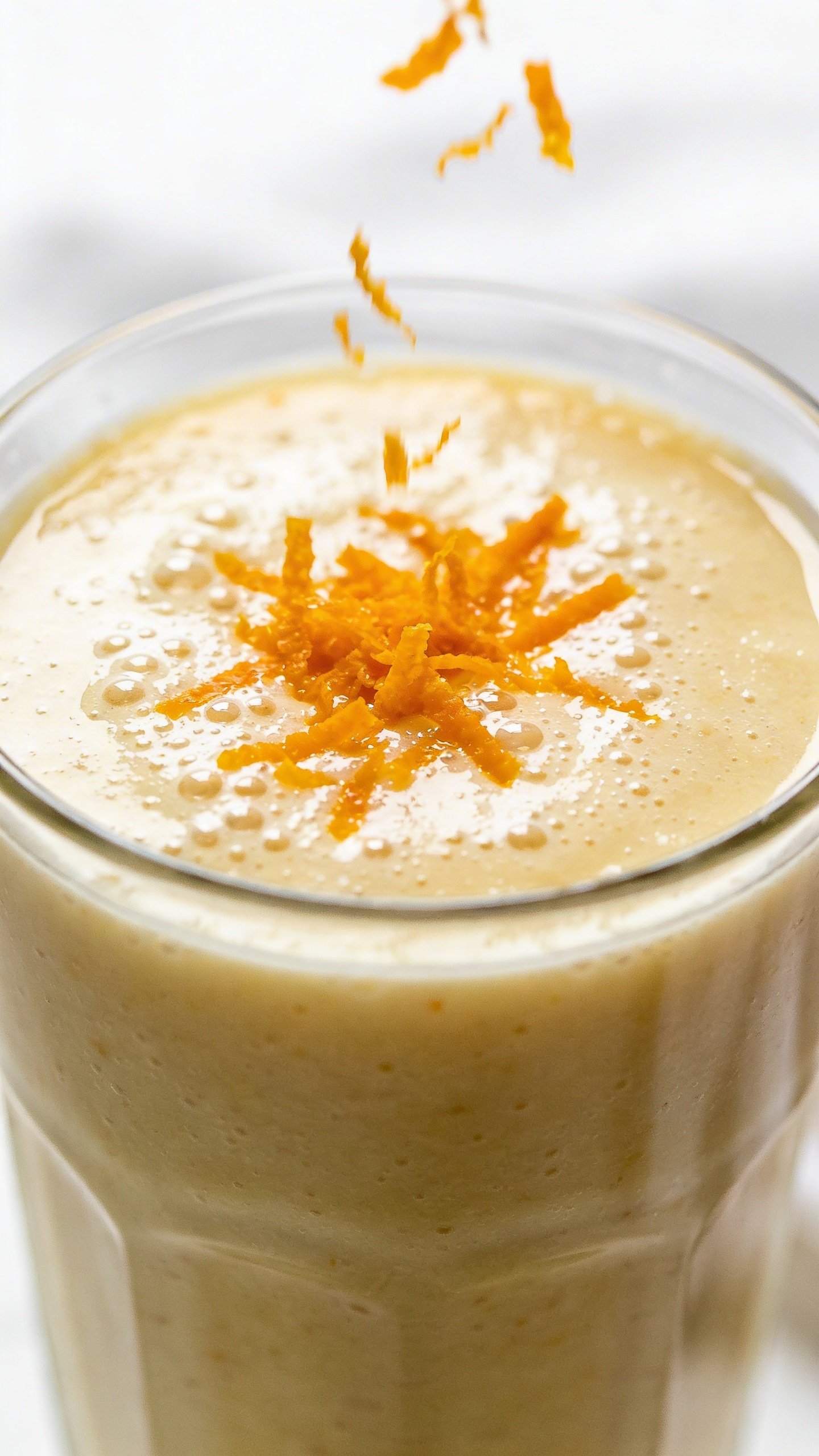 Probiotic citrus smoothie topped with orange zest, clean studio light